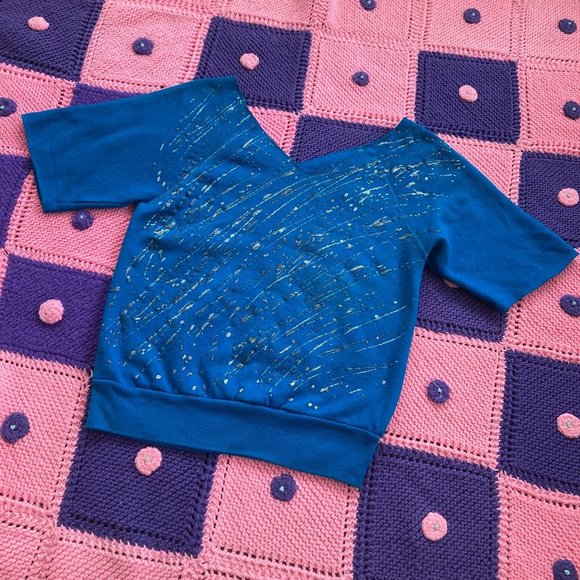 Short sleeve sweatshirt teal glitter sparkly abstract custom | S - M | v neck - Picture 1 of 5